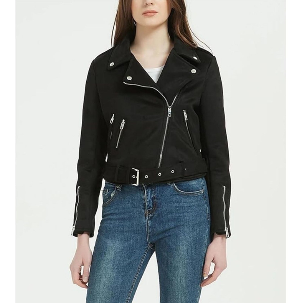Levi's Moto Jacket Women L Black Faux Suede Belted Biker Coat
